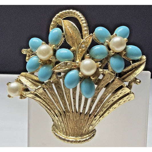 Vintage Coro Flower Basket Brooch Faux Turquoise Bloom Pearls Clear Rhinestones