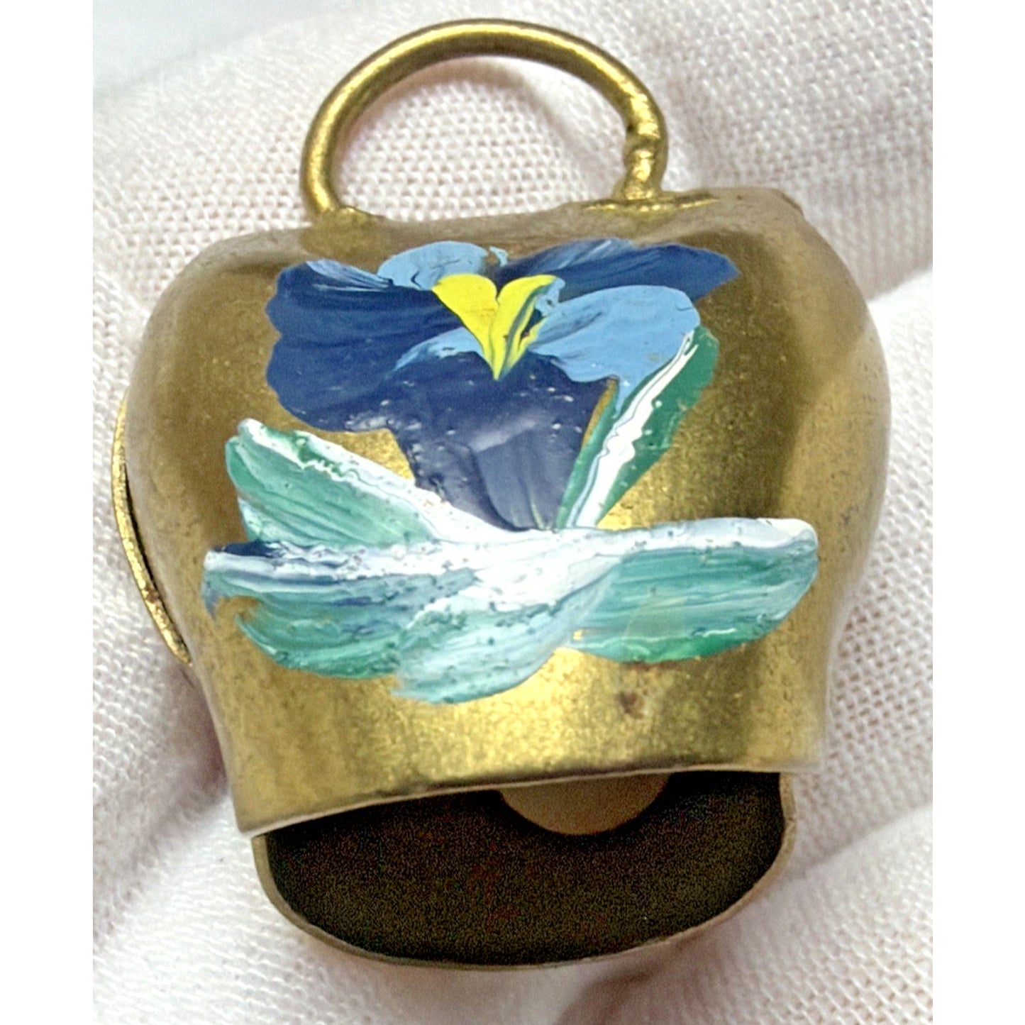 Vintage Gold Metal Brass Cow Bell Hand Painted Flower Blue Floral Liechtenstein