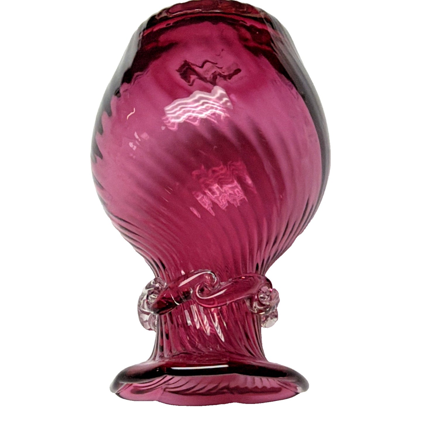 Vintage Pilgrim Art Glass Cranberry Optic Swirl Vase Ruffle Top Clear Filigree