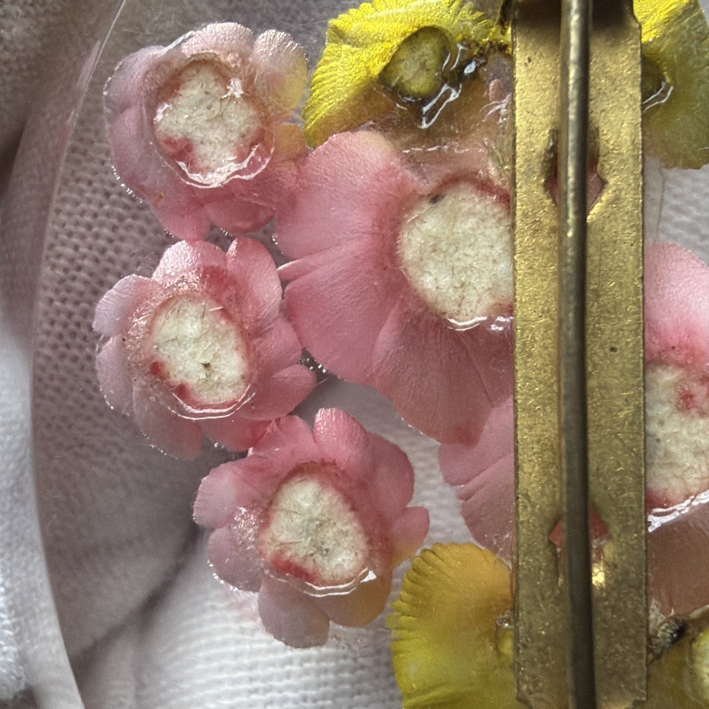 Vintage Clear Lucite Pin Brooch Rose Flower Bud Floral Pink Green Leaves