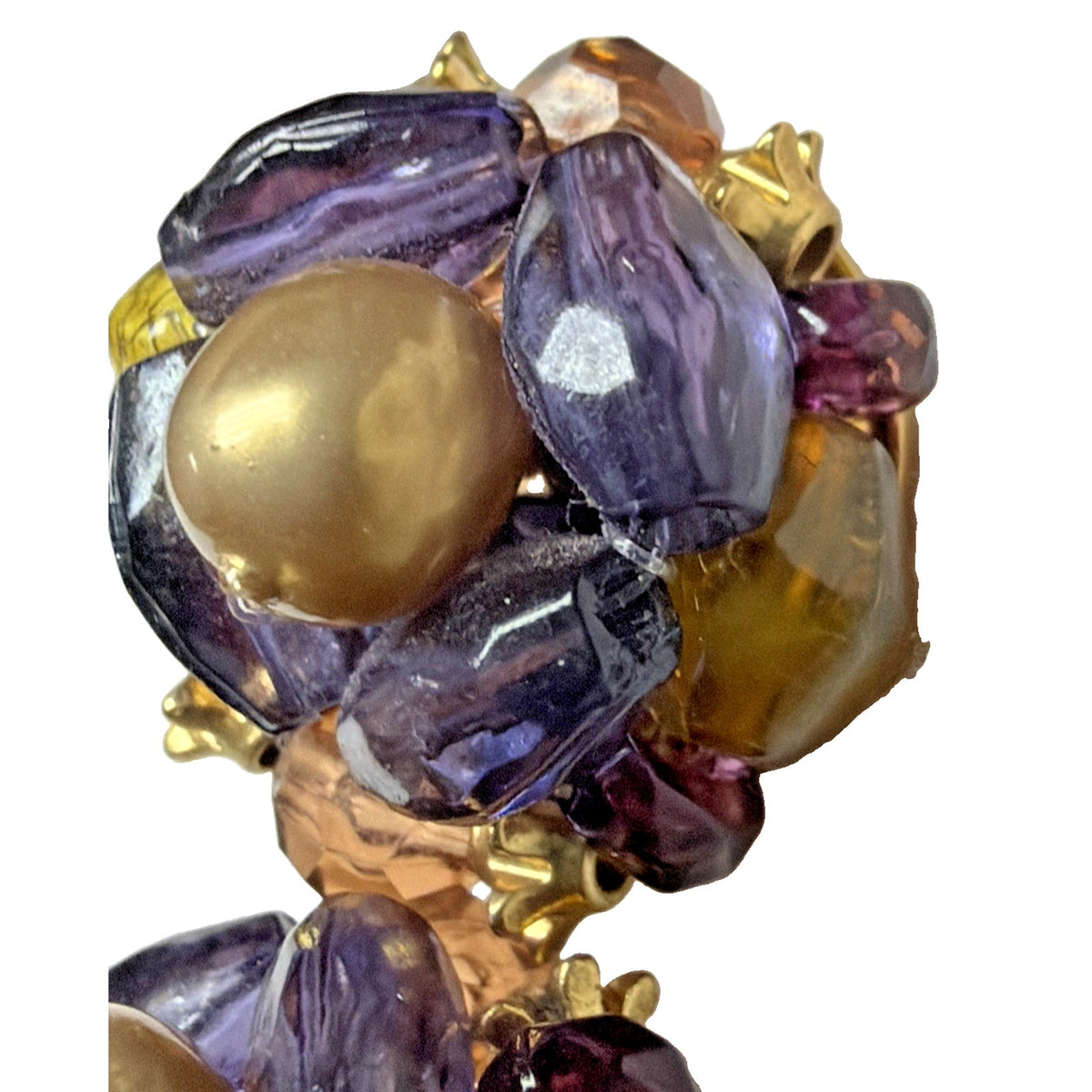 Vtg LC Liz Claiborne Omega Clip On Earrings Faux Pearl Multi Beaded Purple Gold