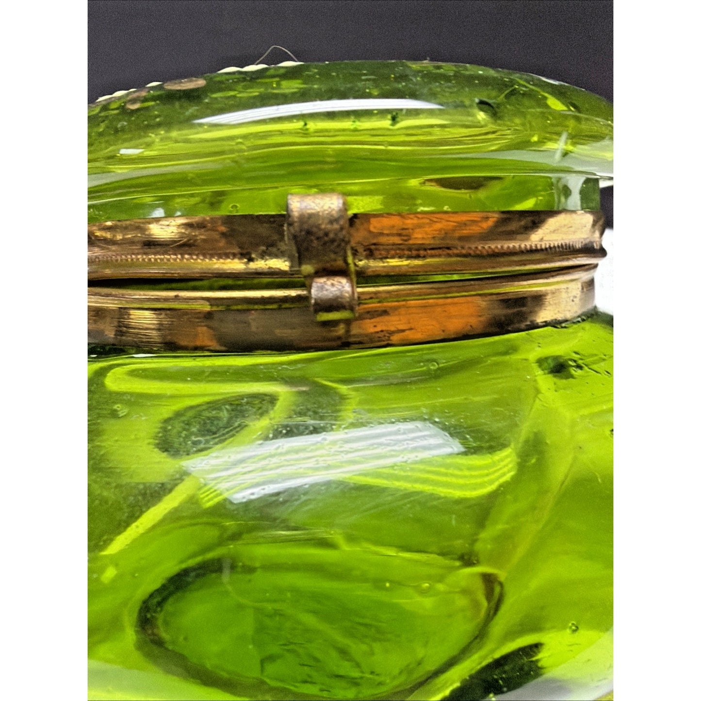 Antique Moser Bohemian Blown Glass Hand Painted Enamel Green Hinged Trinket Box