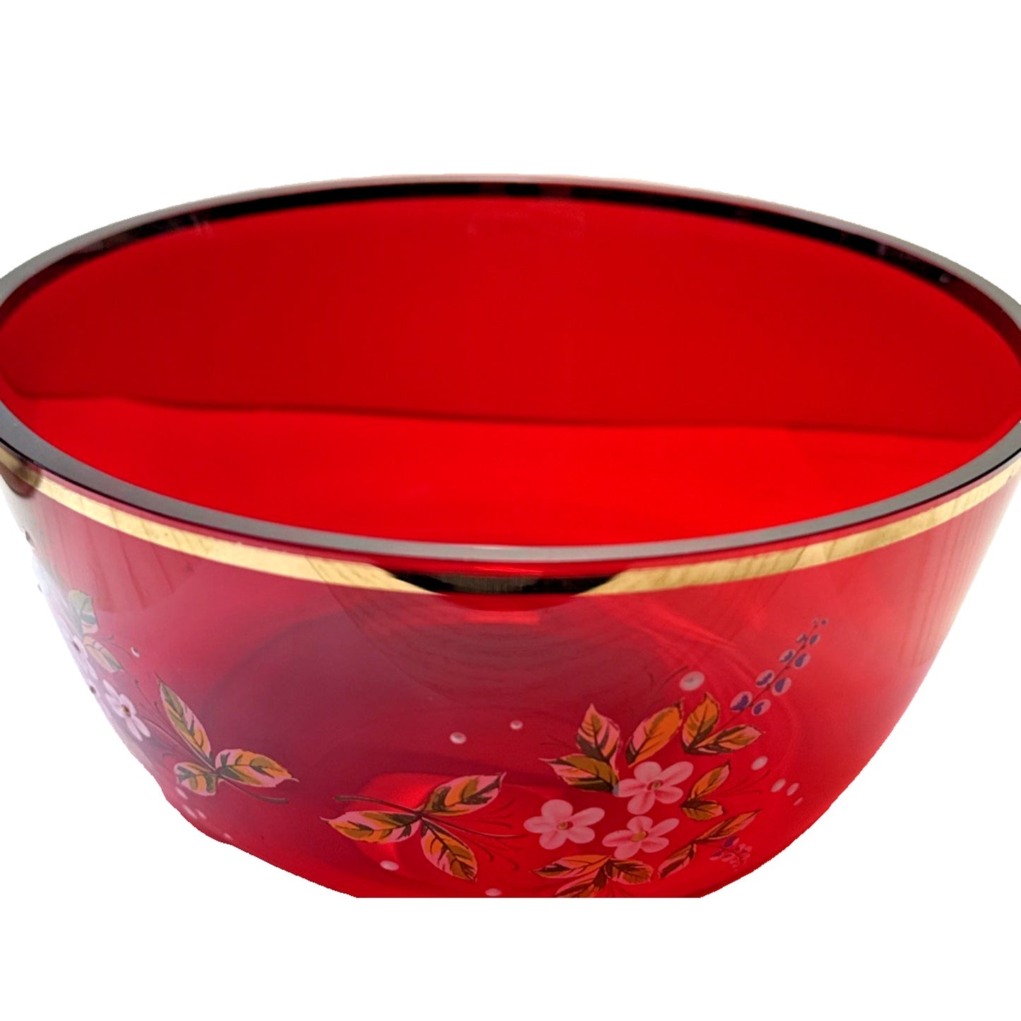 Vintage Czech Bohemian Ruby Red Crystal Hand Painted Enamel Bowl Flowers Gold