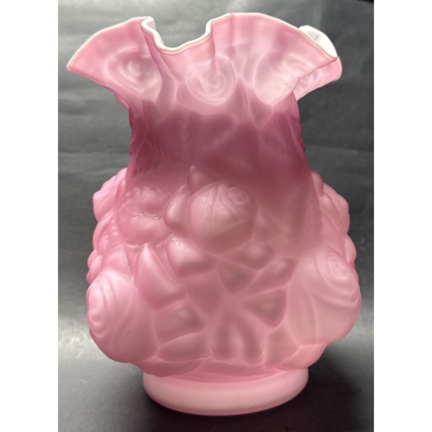 Vintage Fenton LG Wright Embossed Puffy Rose Pink Overlay White Satin Vase As-Is
