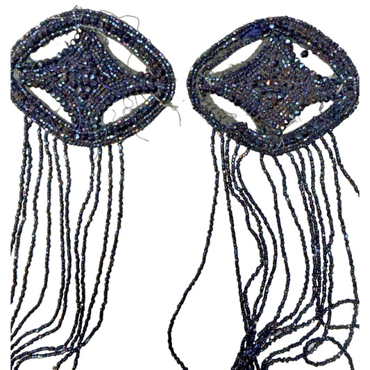 Antique Lot of 2 Black Victorian Mourning Applique Beaded Iridescent Long As Is