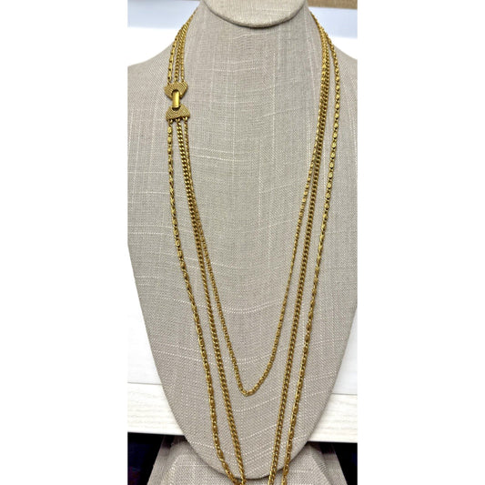 Vintage Goldette NY Triple Strand Long Necklace Decorated Side Clasp