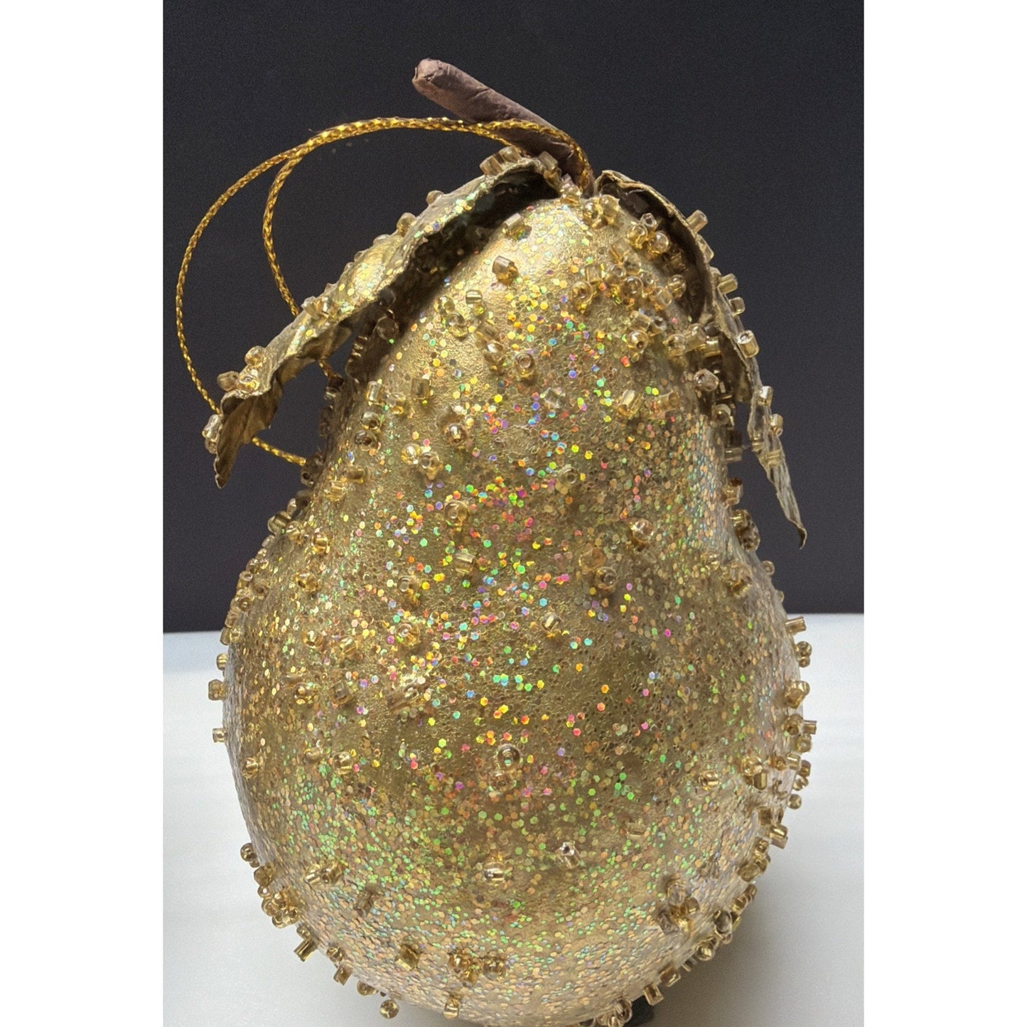 Vintage Lot of 3 Fruit Ornaments Gold Glitter Beaded Pear Pomegranate As Is