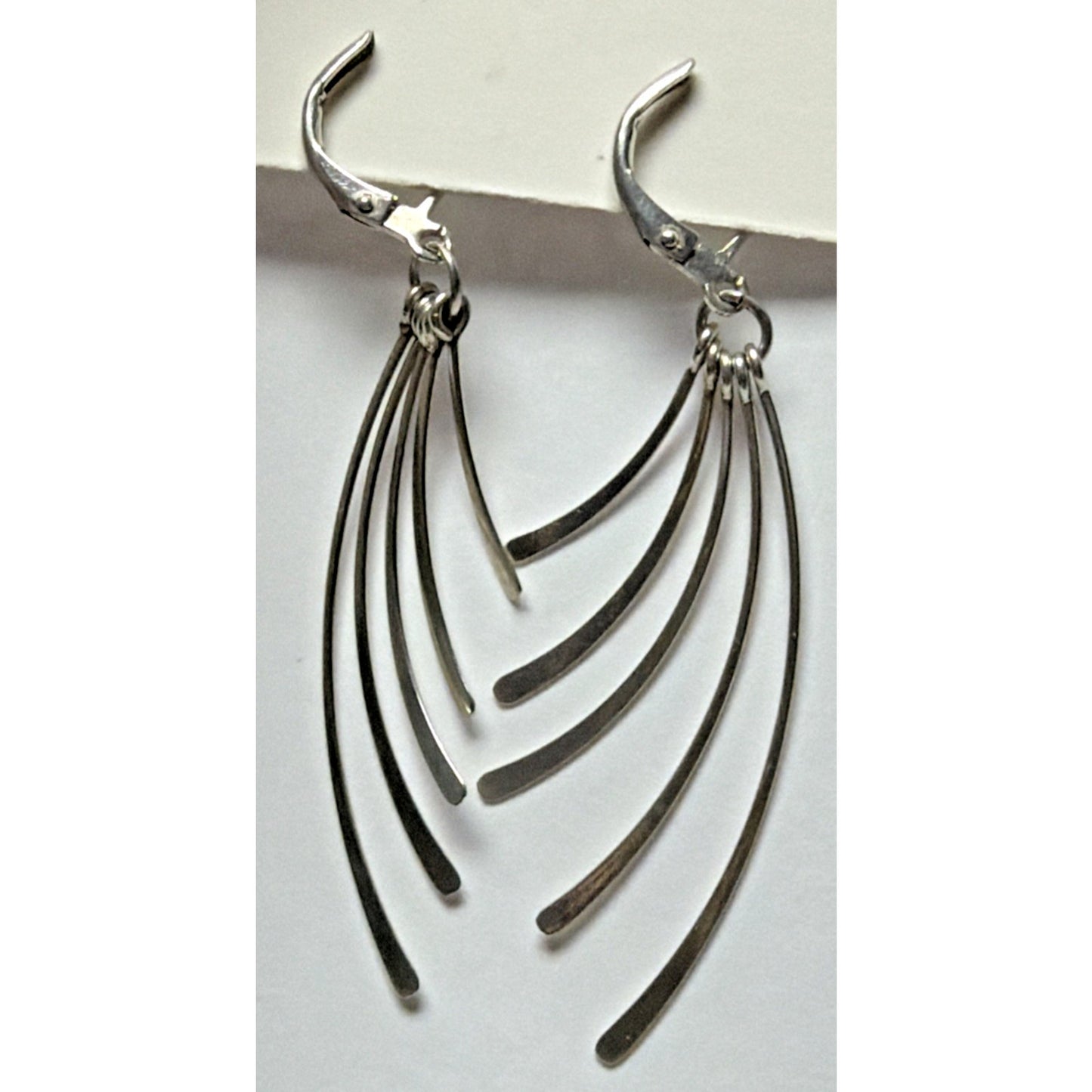 Vintage Sterling Silver Fan Fringe Feather Dangle Hinged Hook Earrings