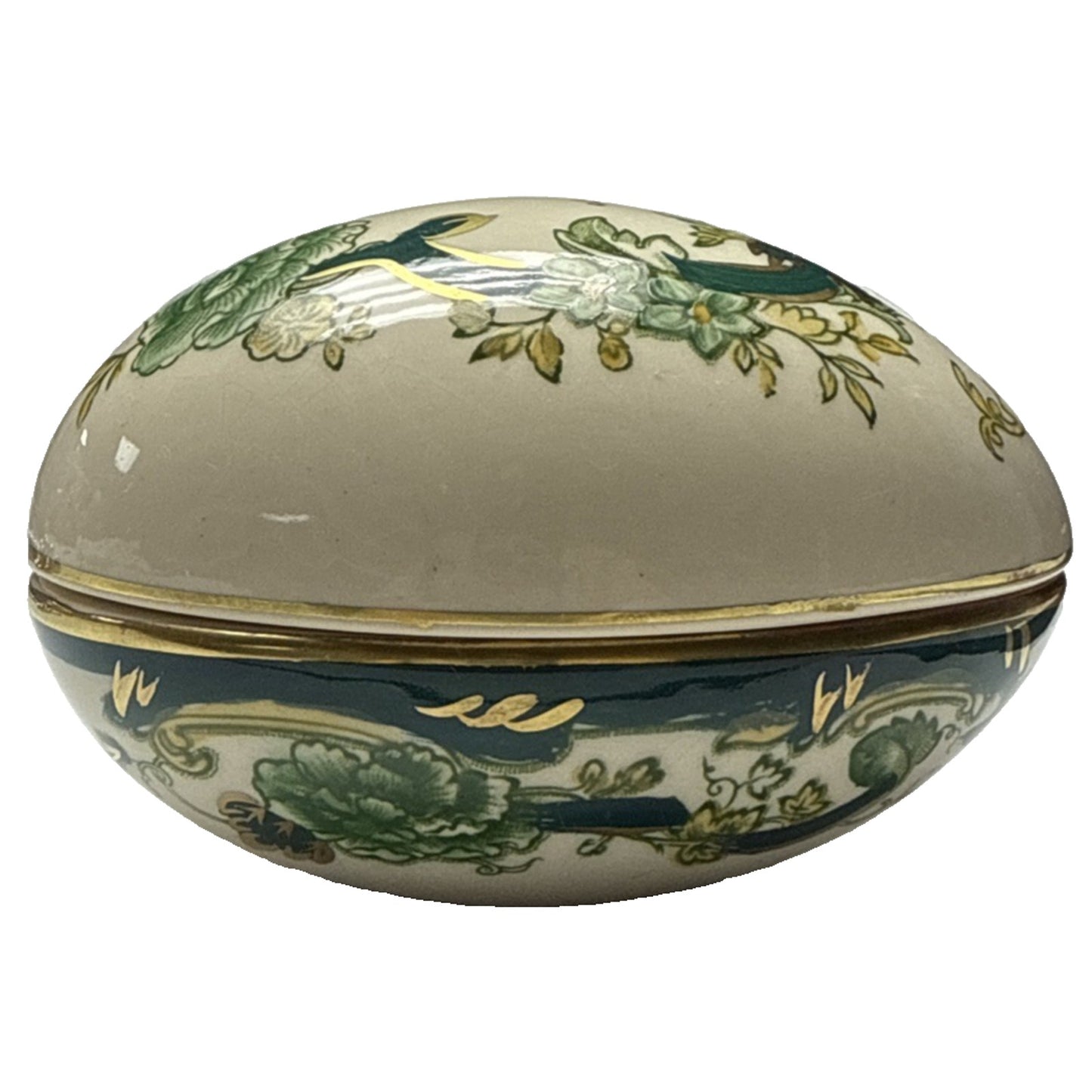 Vintage Mason’s Ironstone Chartreuse Green Egg Trinket Box Gold Floral