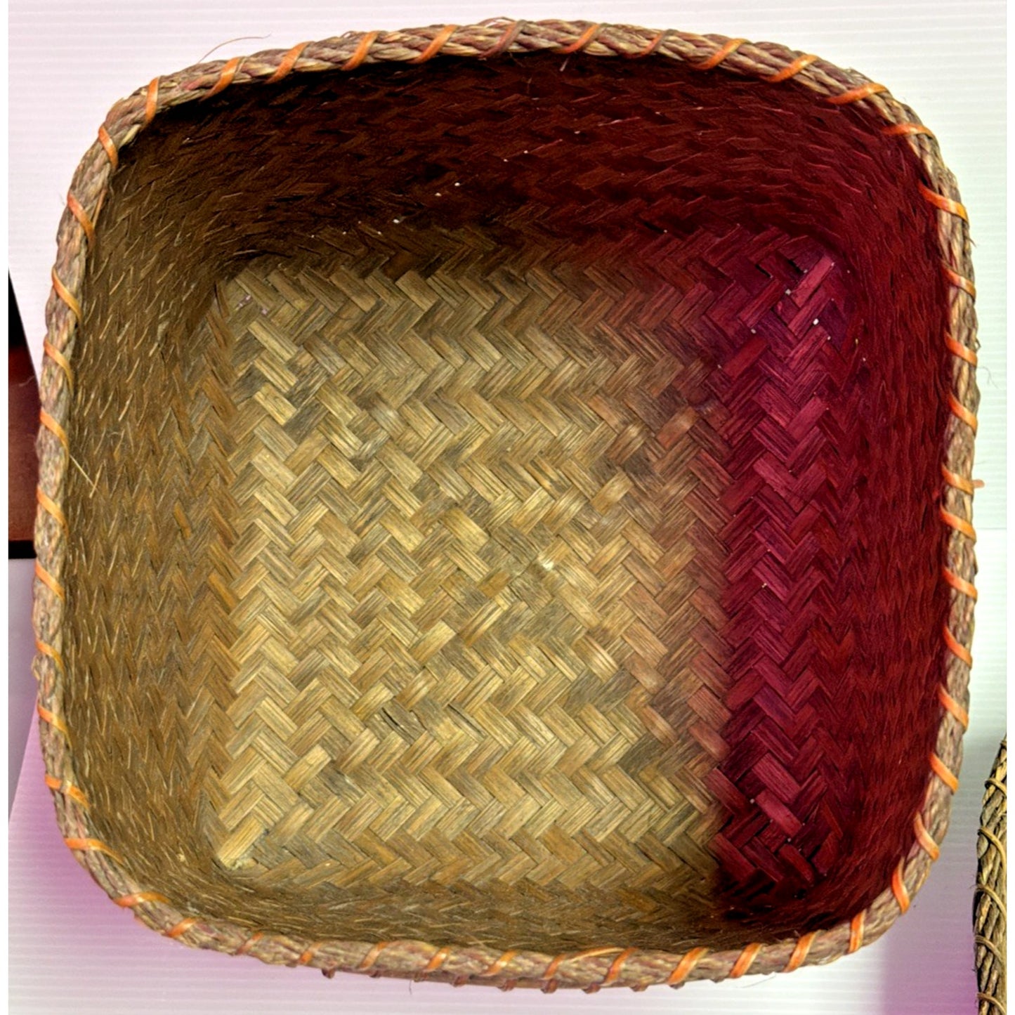 Old Rattan Woven Bamboo Storage Basket Sewing Woven Handle Lid Container
