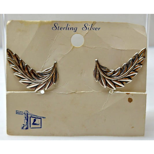 Vtg Bell Trading Post Sterling Silver Leaf Earrings Feathered Screw Back Card