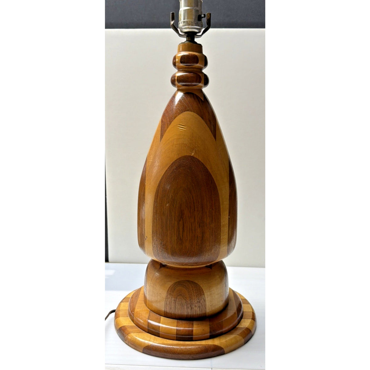 MCM Large Inlaid Wood Hand Turned Table Lamp Marquetry Parquetry No Shade