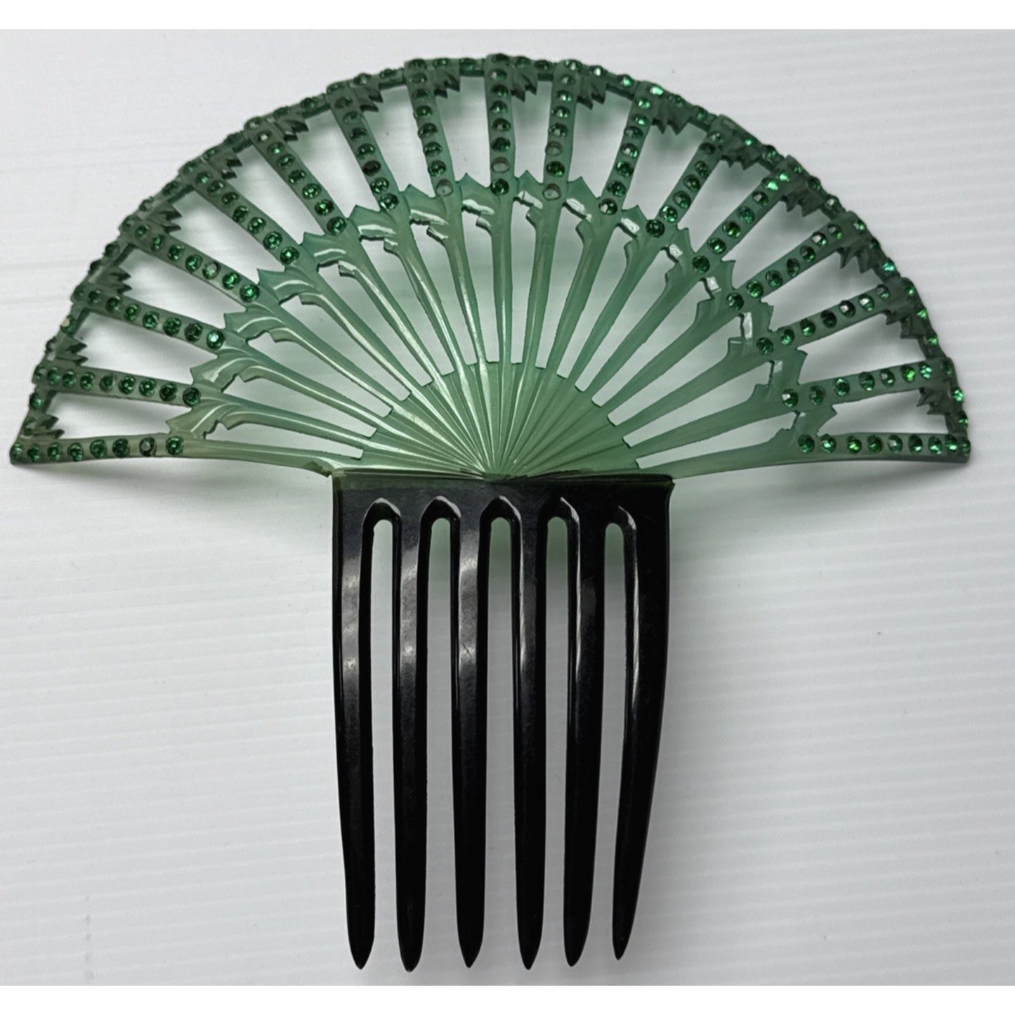 Art Deco Large Fan Shape Hair Comb Green Black Celluloid Rhinestone As-Is