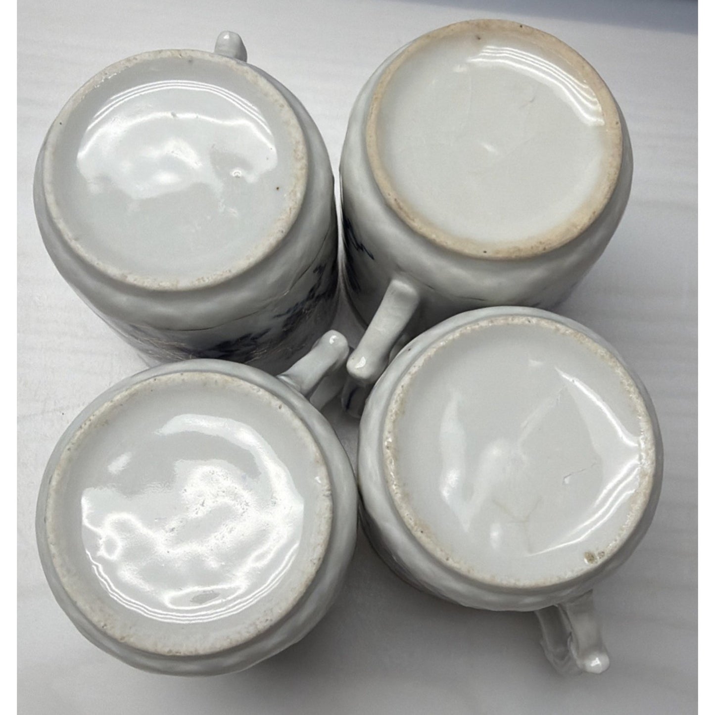 Antique Lot of 4 Flow Blue Hand Painted Blue Onion Ring Mugs Cups C Handle As Is