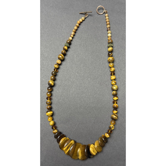 Vintage Tiger Eye Graduated Bead Collar Necklace Large Disc Toggle Layered As Is