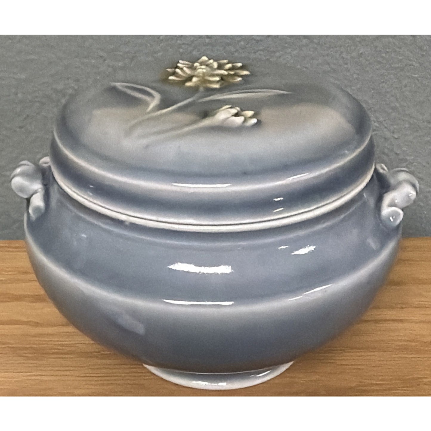 Vtg Celadon Tea Caddy Ginger Jar Embossed Chrysanthemum Blue Gray Handles Signed