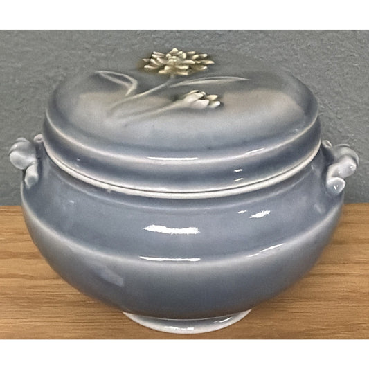 Vtg Celadon Tea Caddy Ginger Jar Embossed Chrysanthemum Blue Gray Handles Signed