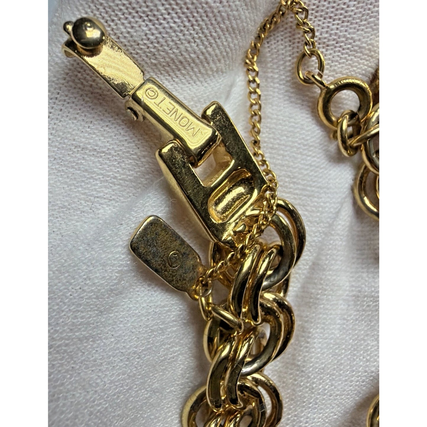Vintage Monet Gold Tone Double Chain Link Bracelet Safety Chain Clasp