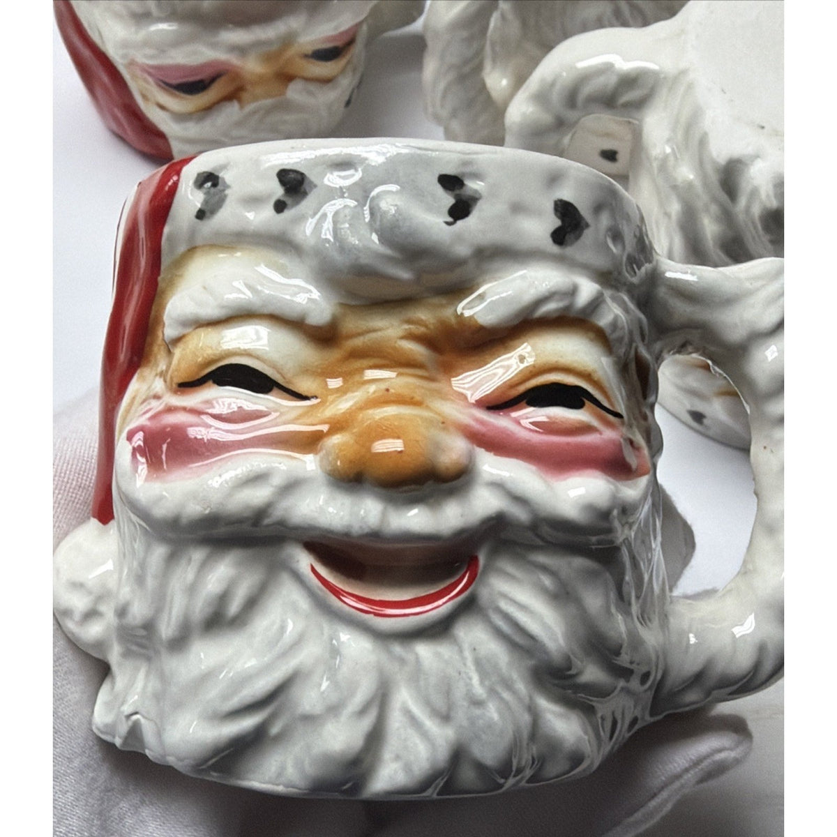 Vintage Lot of 4 Hand Painted Santa Porcelain Ceramic Mugs Double Sided As Is