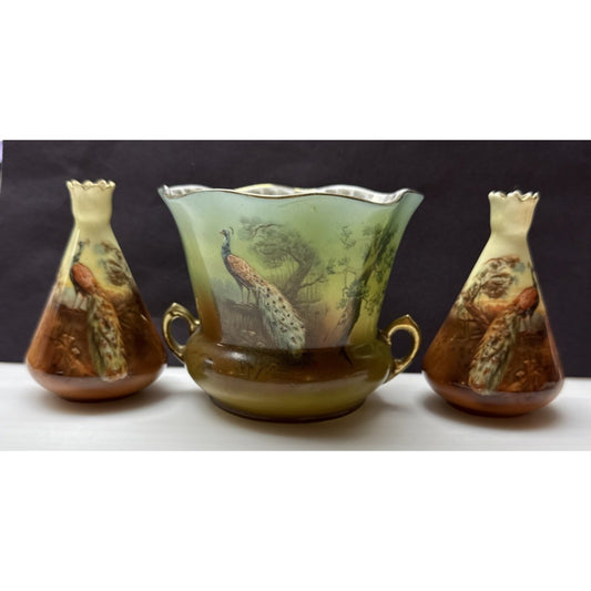 Antique Lot Of 3 Royal Bayreuth Hand Painted Peacock Vases Perfume Bottle As Is