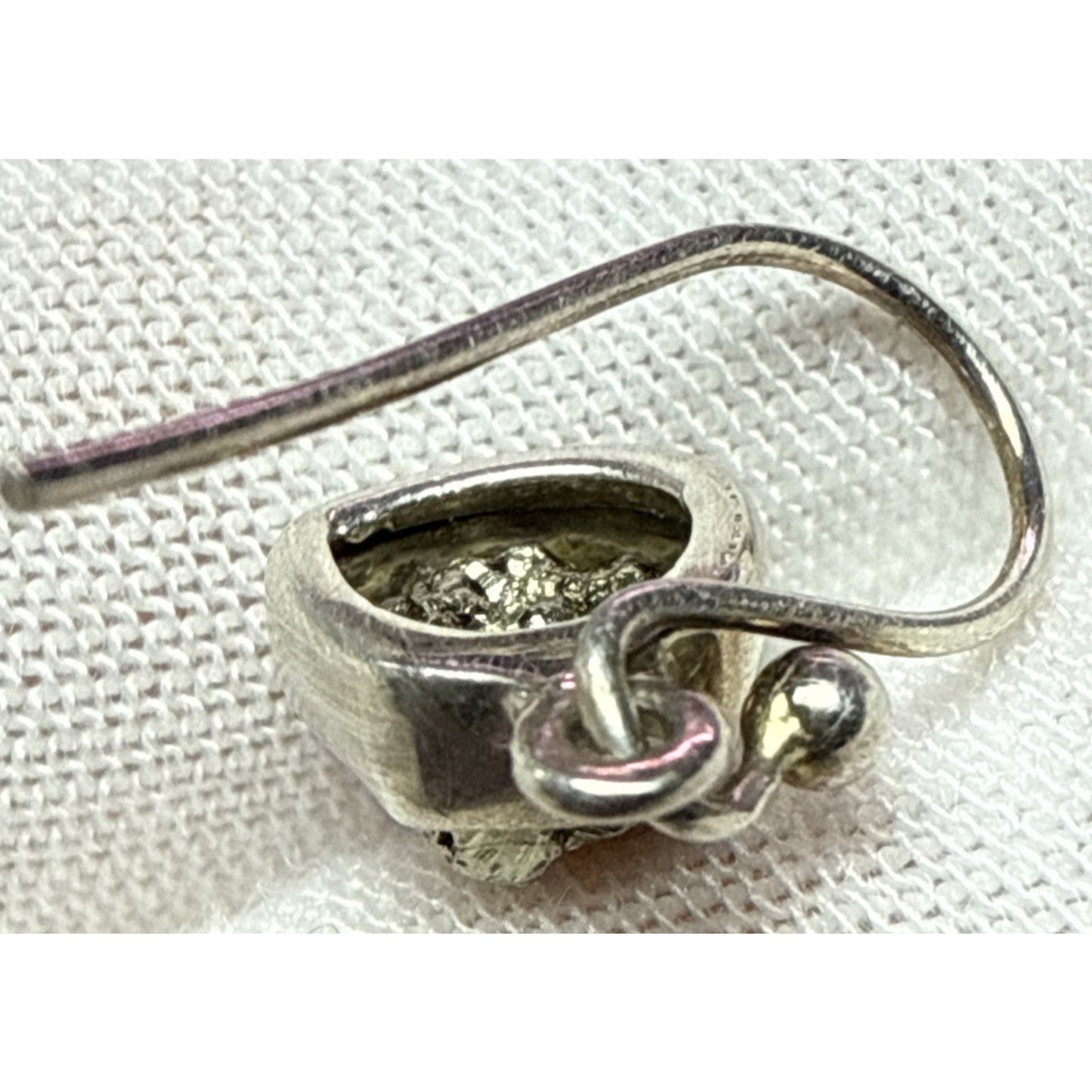 Vintage NC 925 Sterling Silver Rough Pyrite Druzy Bezel Dangle Earrings