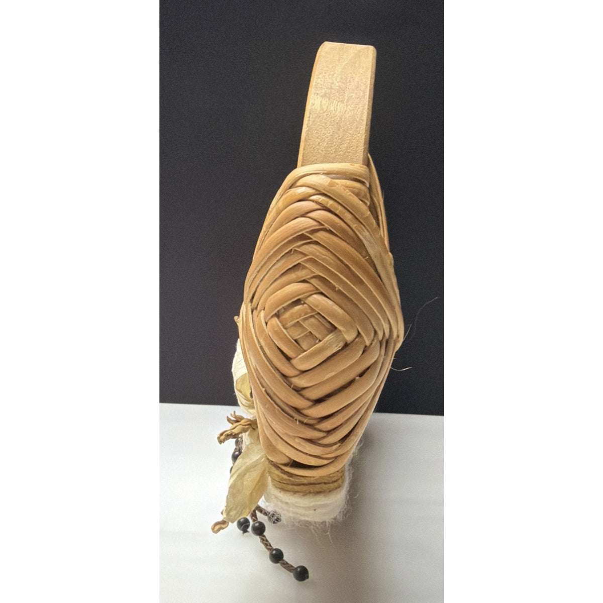 Vtg Hand Woven Basket Splint Wood Gods Eye Hanging Leather Beaded Flower As Is