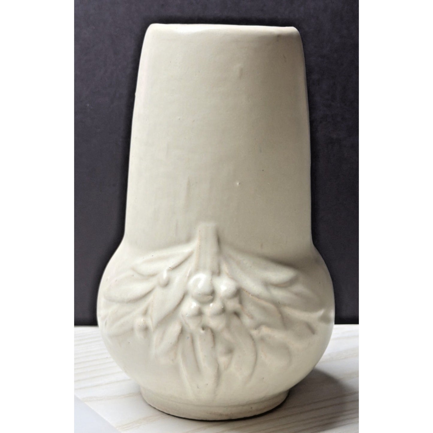 Old McCoy Pottery Stoneware Matte White Glaze Leaves and Berries Stovepipe Vase