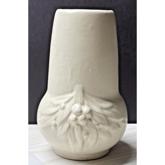 Old McCoy Pottery Stoneware Matte White Glaze Leaves and Berries Stovepipe Vase