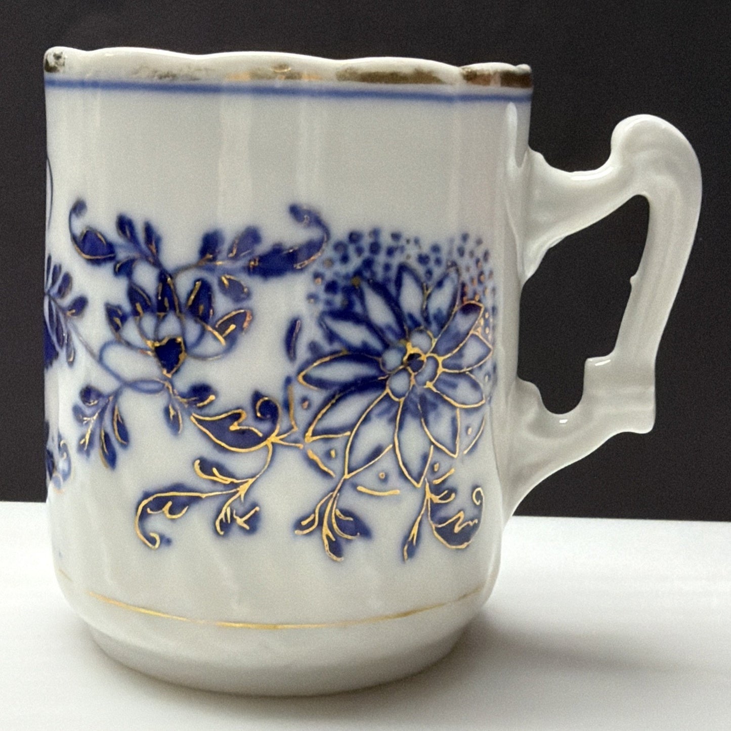 Antique Lot of 4 Flow Blue Hand Painted Blue Onion Ring Mugs Cups C Handle As Is