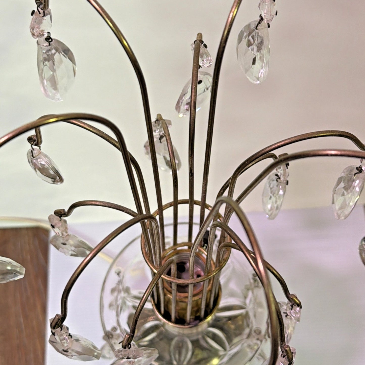 MCM Hollywood Regency Crystal Glass Brass Metal Waterfall Lamp Cherubs As Is