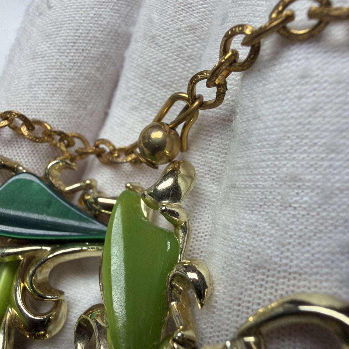 MCM Thermoset Necklace Green Gold Ornate Necklace Adjustable Chain Choker