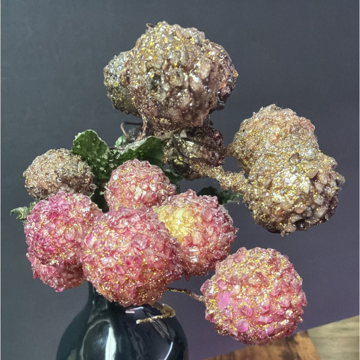 Vintage Lot of 2 Beaded Fruit Berry Grape Stem Picks Sugar Coated Leaf Bouquet
