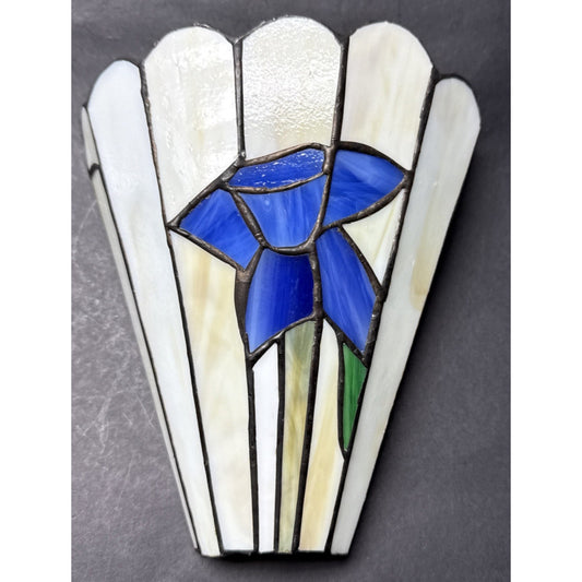 Stained Glass Iris Lily Flower Wall Sconce Light Lamp Shade Dark Blue Slag