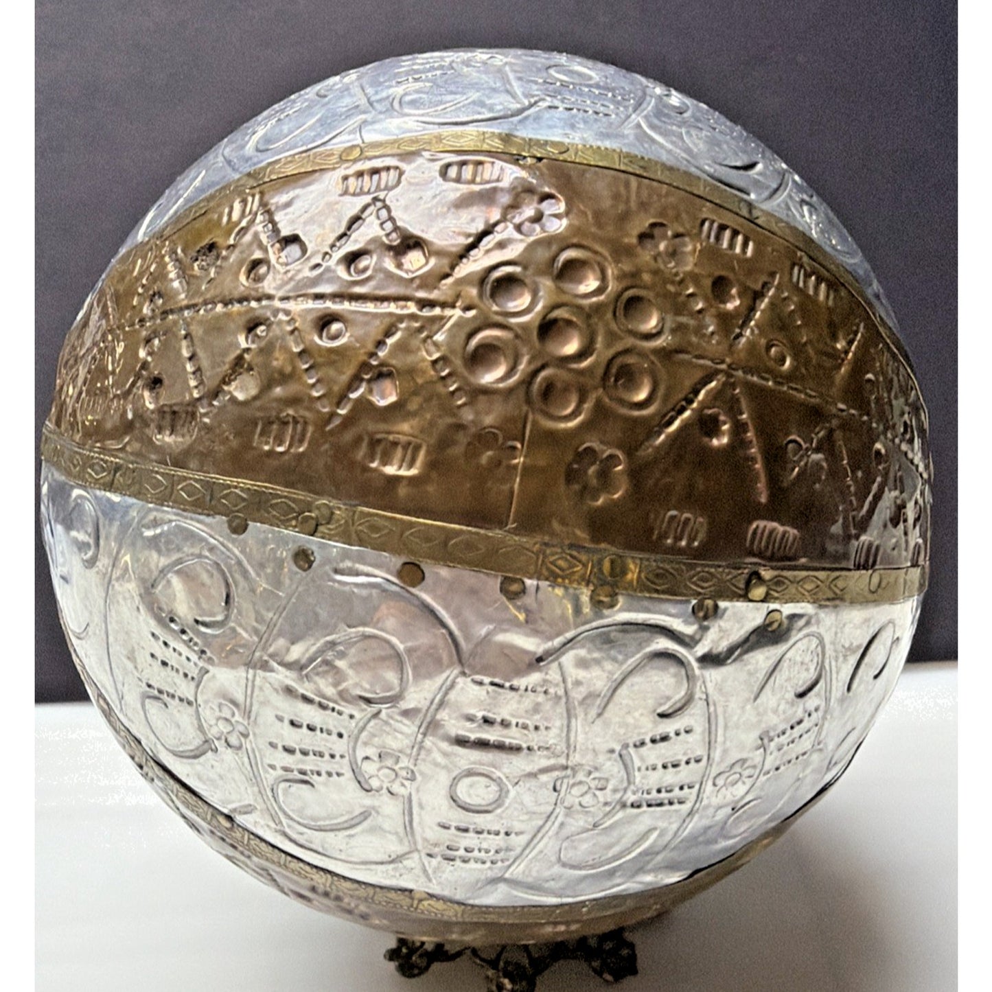 Vtg Mixed Metal Wrapped Sphere Orb Hand Tooled Design Ornate Ball Brass Bronze