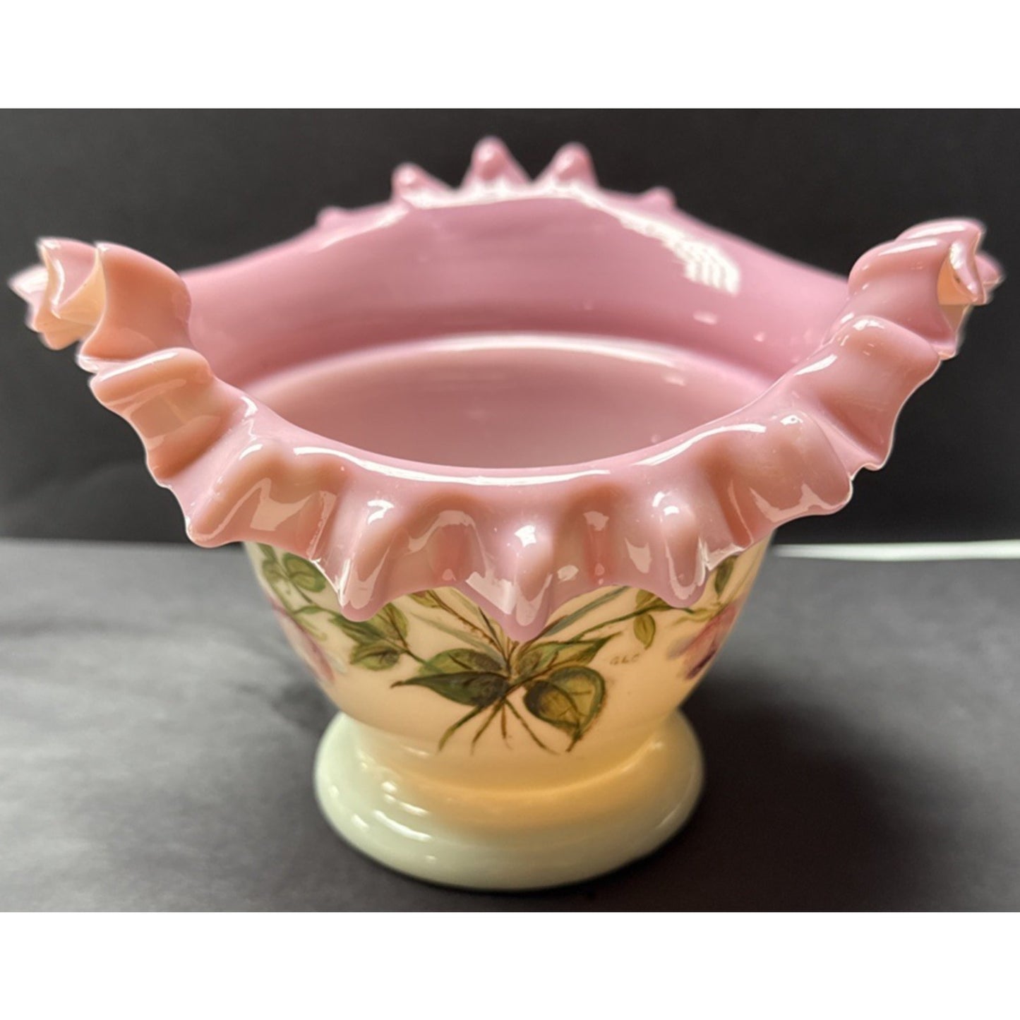Victorian Peach Blow Vase Bowl Crimped Edge Enameled Floral Footed Signed As-Is