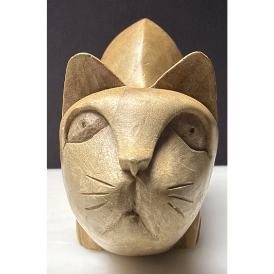 Folk Art Whimsey Hand Carved Solid Wood Cat Figurine Crouched Statue