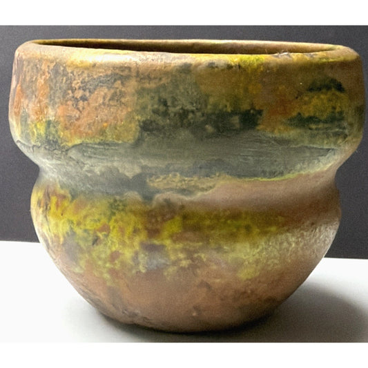 Old Raku Studio Art Pottery Glazed Abstract Fired Vase Planter Bowl