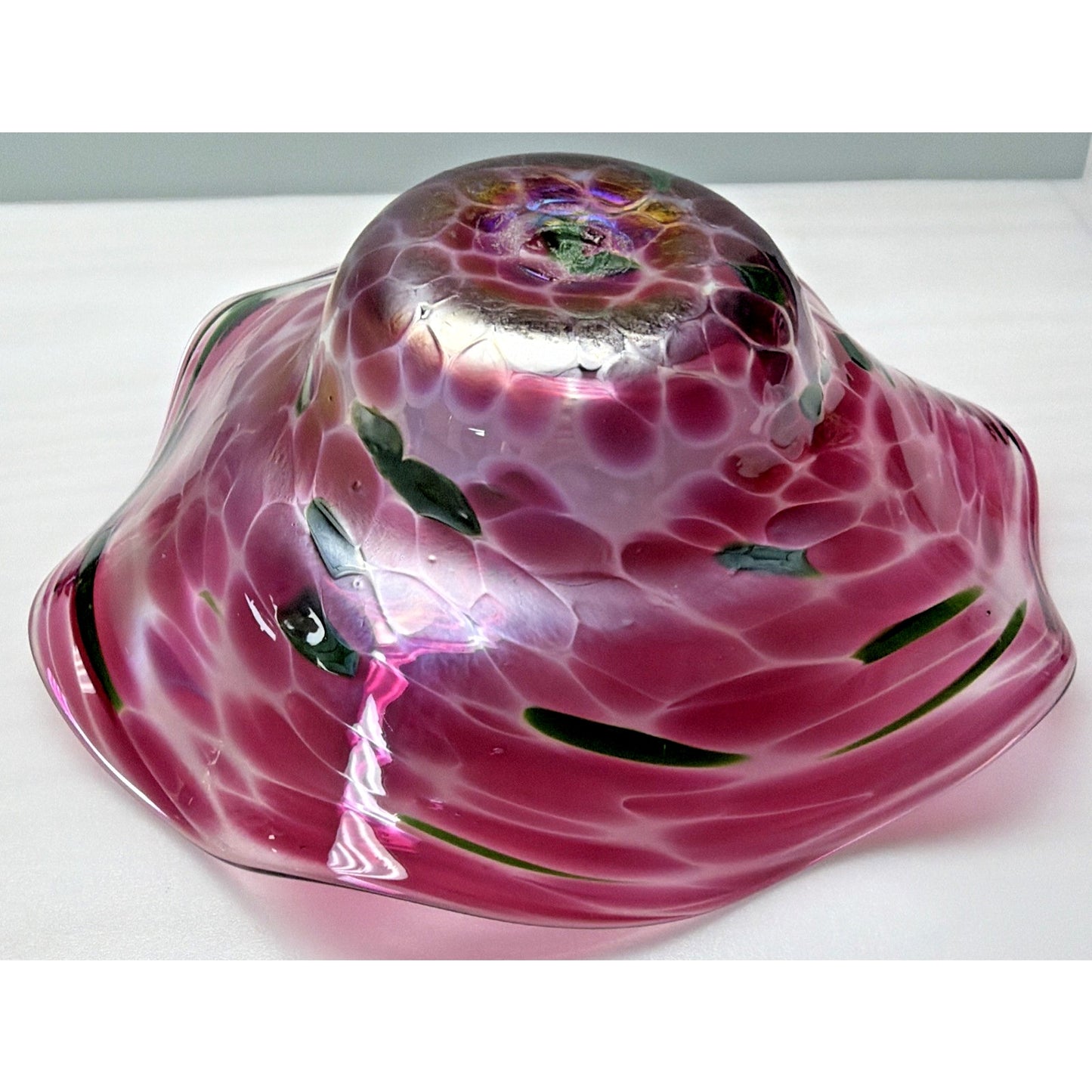 Vintage Blown Glass Bowl Iridescent Mottled Green Cranberry Purple Gold