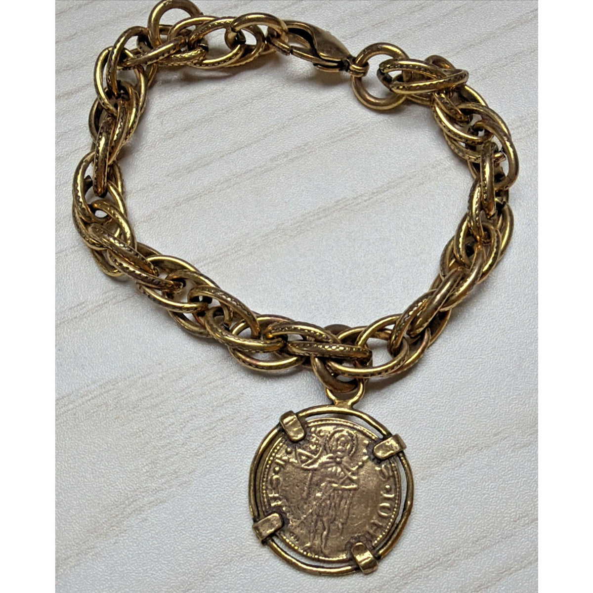 Vintage Coin Charm Bracelet Statement Medallion Florin Saint Jean Baptiste