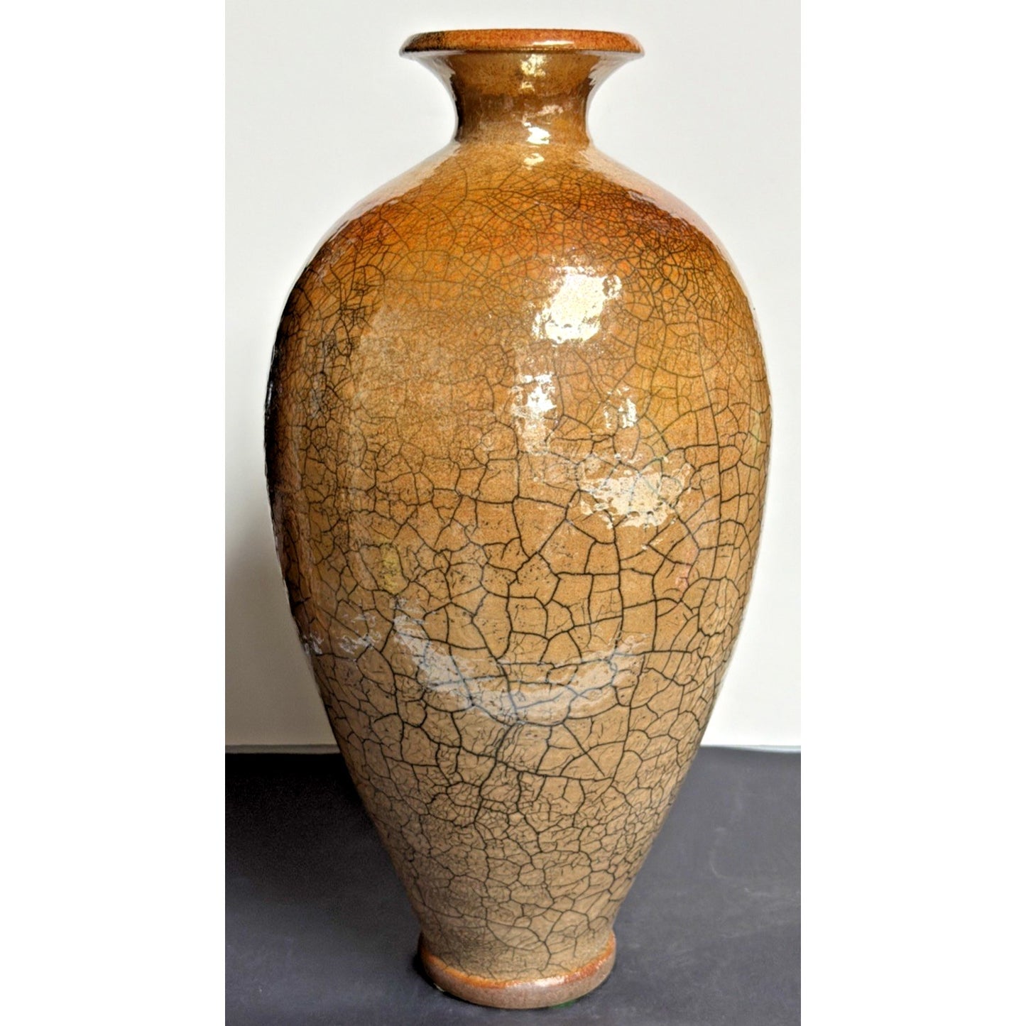 Vtg Casey Hankin Raku Art Pottery Vase Crackle Iridescent Orange Marigold Large