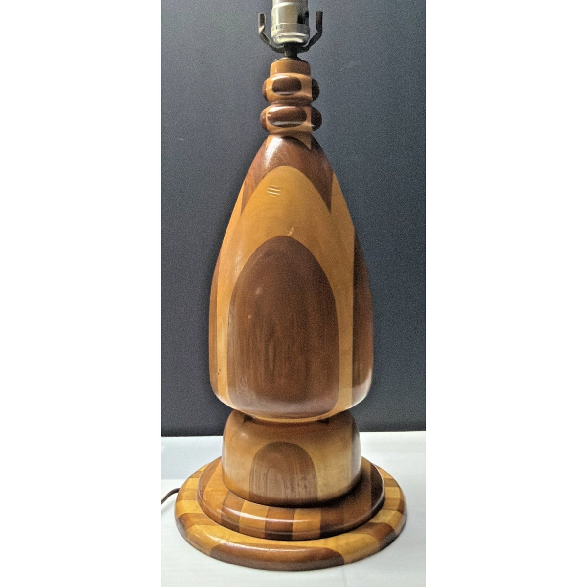MCM Large Inlaid Wood Hand Turned Table Lamp Marquetry Parquetry No Shade