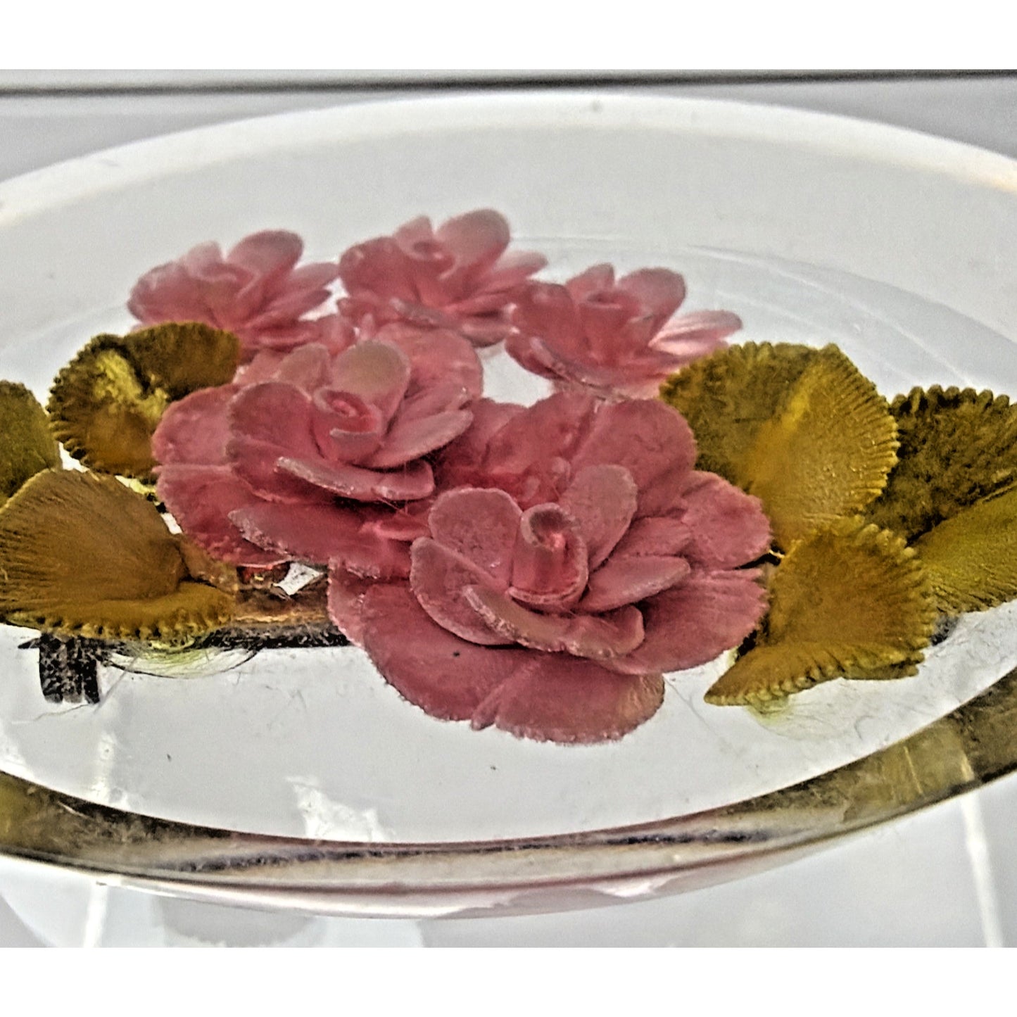 Vintage Clear Lucite Pin Brooch Rose Flower Bud Floral Pink Green Leaves