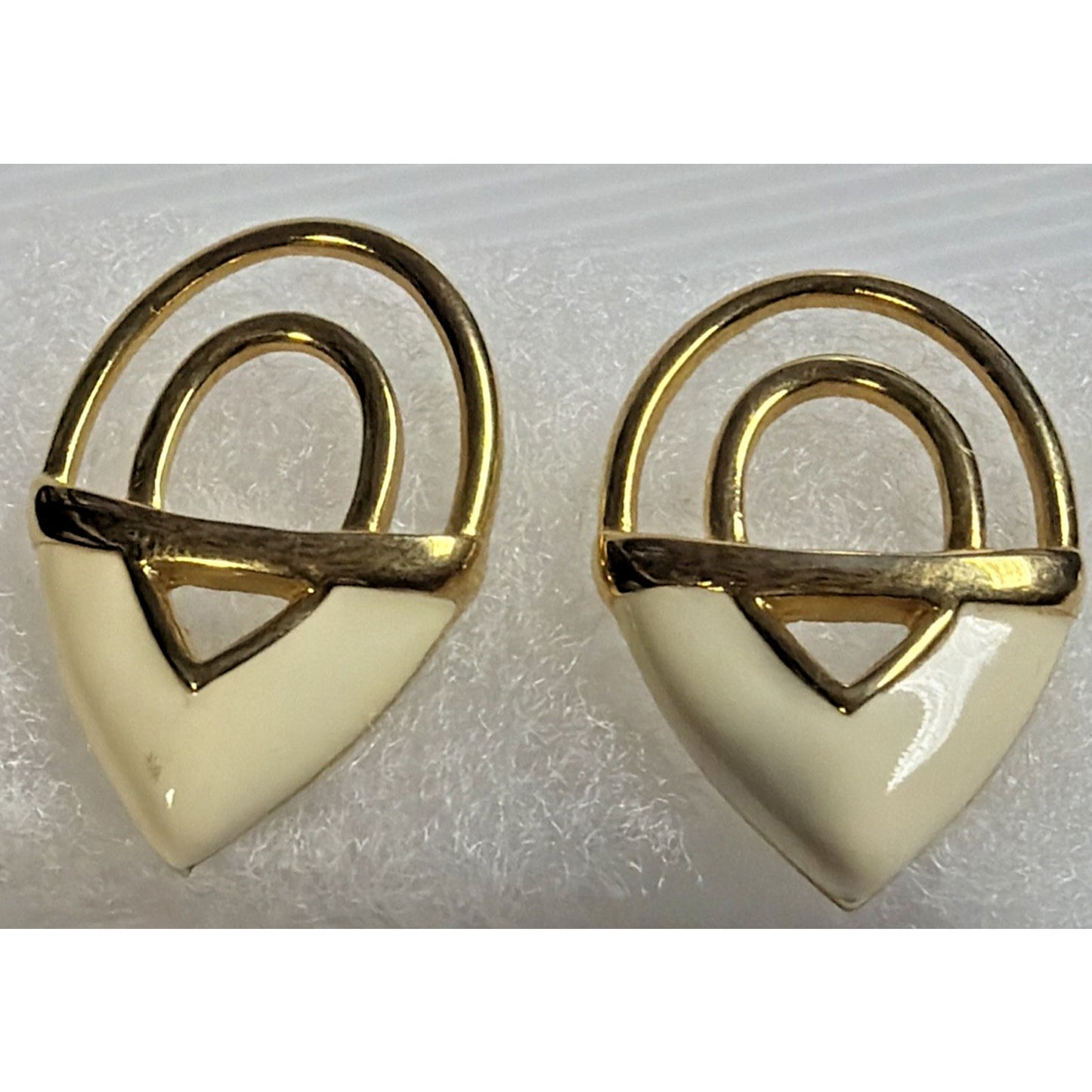 Vintage Monet Enamel Gold Tone Modernist Post Earrings White Geometric Large