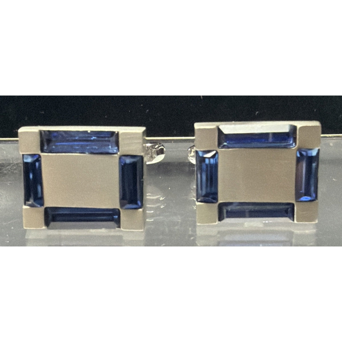 Vintage Hickok Blue Baguette Glass Cufflinks Silver Tone Geometric Modernist Box