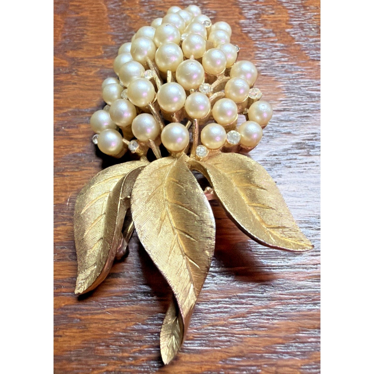 Vintage Crown Trifari Faux Pearl Rhinestone Grape Cluster Brooch Pin Gold Tone