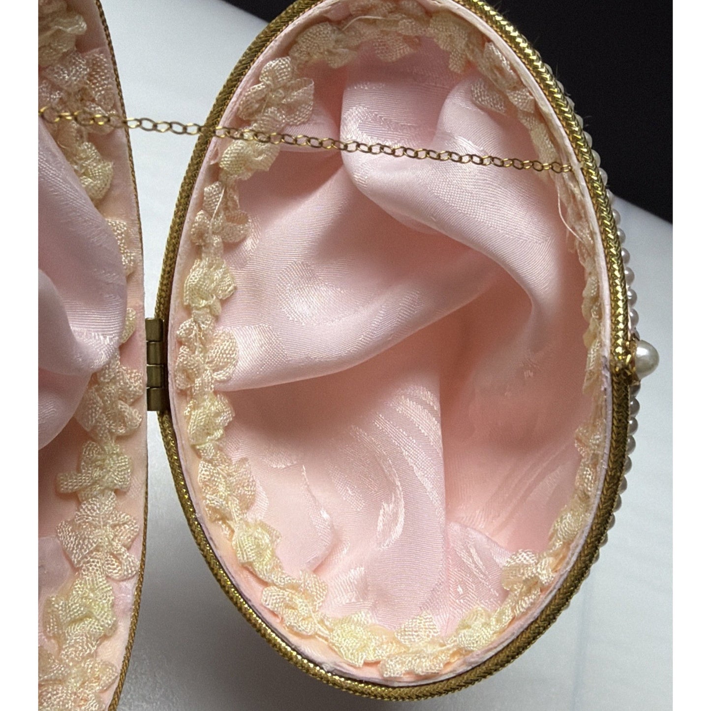 Egg Fantasy Hand Decorated Goose Egg Pink Trinket Jewelry Box Porcelain Flowers