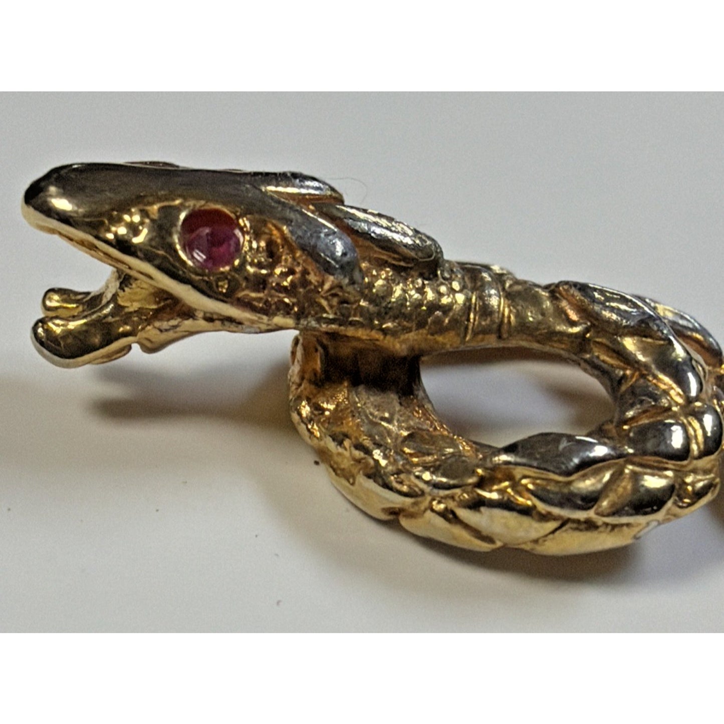 Vtg Coiled Snake Serpent Pendant Charm Open Mouth Ruby Eyes Gold Tone Infinity
