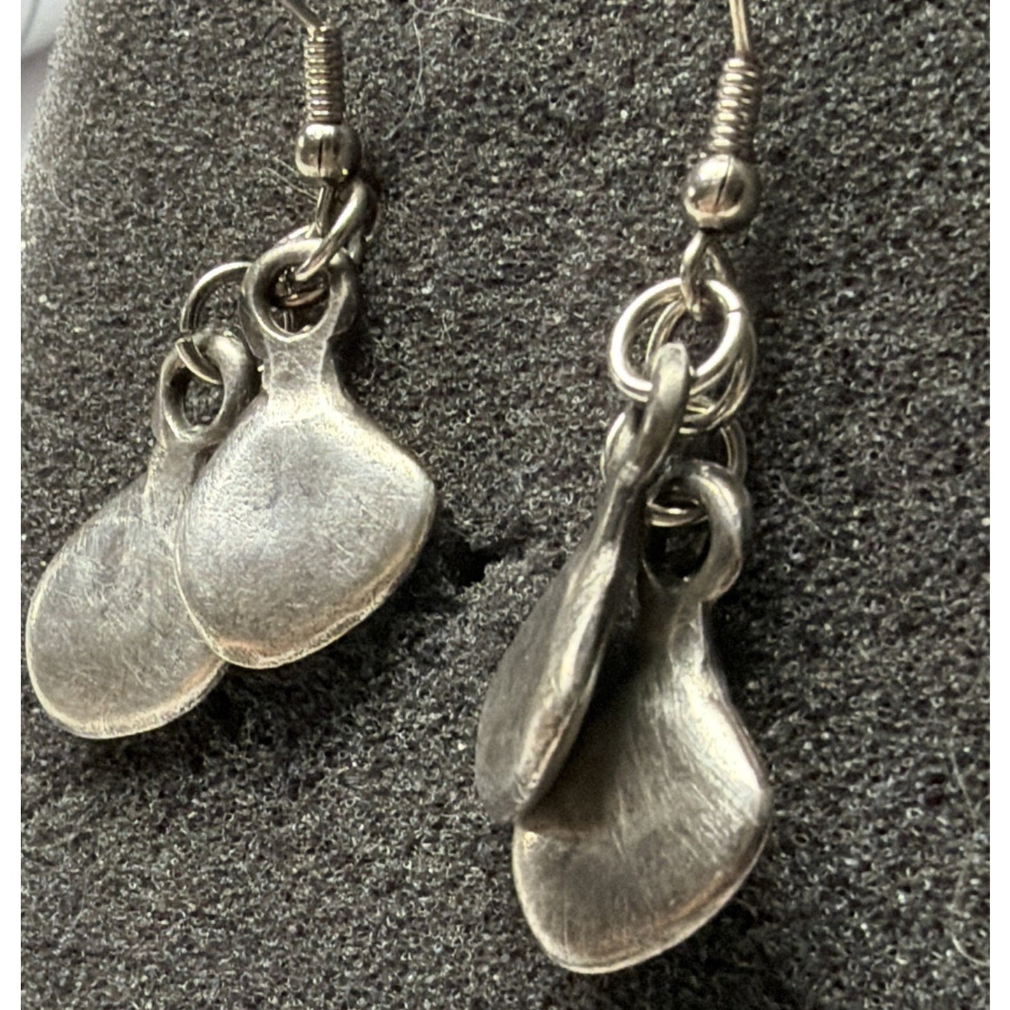 Modernist Silver Kidney Bean Tear Drop Leaf Dangle Earrings Handmade As Is