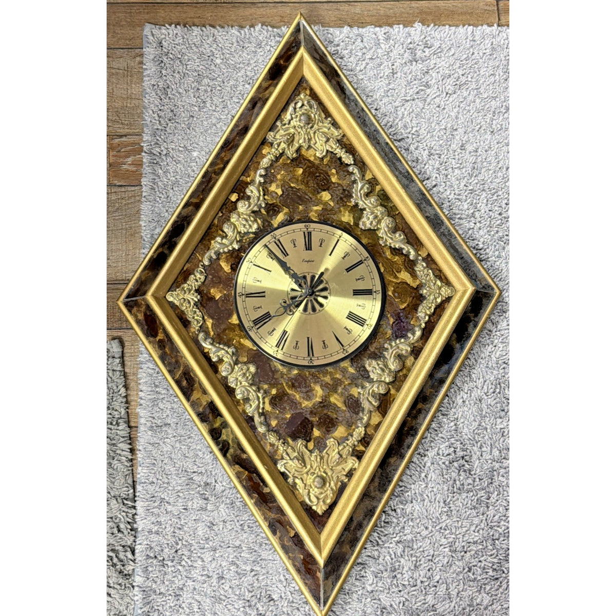MCM Empire Art Products Co NY Hollywood Regency Wood Framed Clock Gold Brass Met
