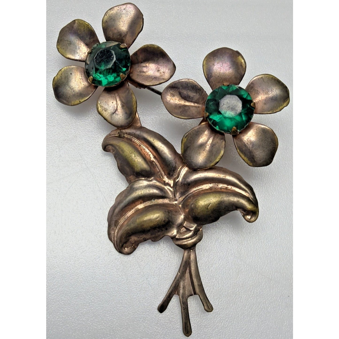Vintage Copper Floral Flower Brooch Large Green Emerald Rhinestone